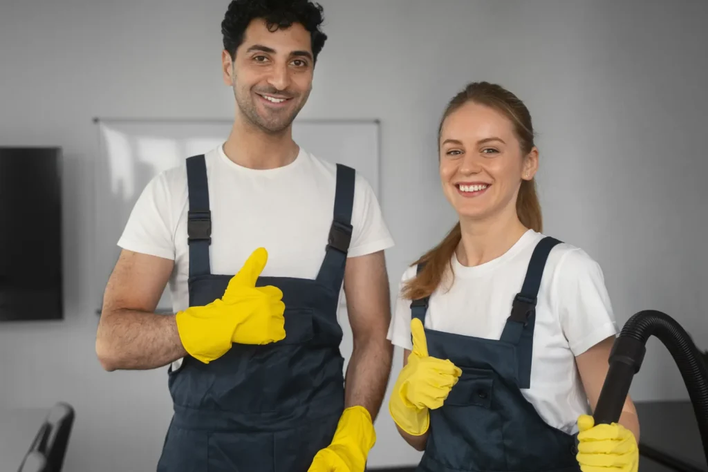 Personale qualificato dell'impresa di pulizie al lavoro in un ufficio